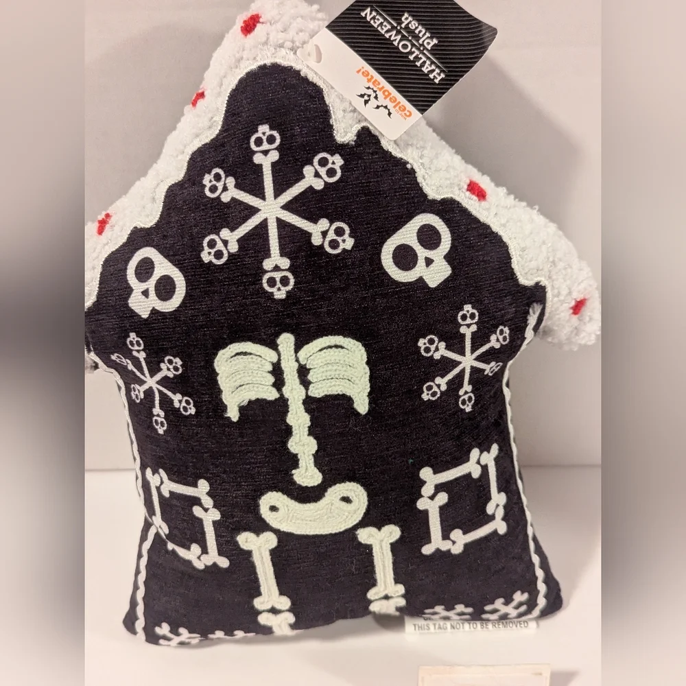 Halloween Plush Skeleton House Pillow - Black & White